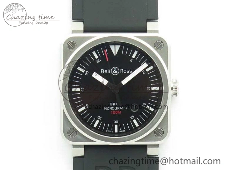 BR 03-92 Horograph Satin Polished Steel Black Dial On Rubber Strap MIYOTA 9015 (Free Nylon Strap) V2