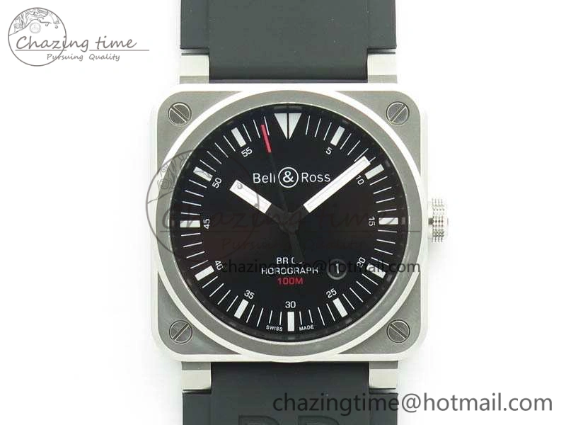 BR 03-92 Horograph Satin Polished Steel Black Dial On Rubber Strap MIYOTA 9015 (Free Nylon Strap) V2