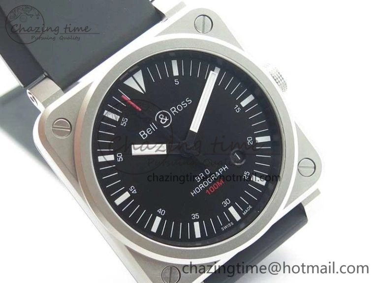 BR 03-92 Horograph Satin Polished Steel Black Dial On Rubber Strap MIYOTA 9015 (Free Nylon Strap) V2