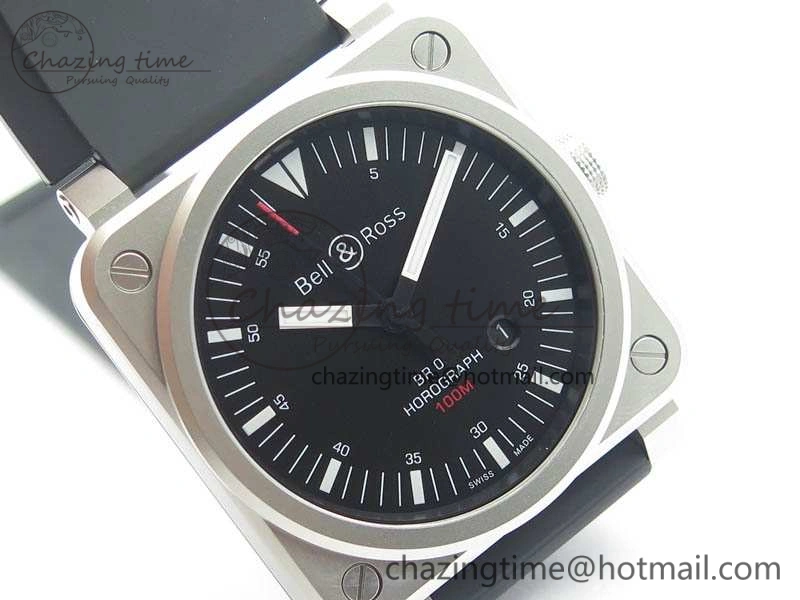 BR 03-92 Horograph Satin Polished Steel Black Dial On Rubber Strap MIYOTA 9015 (Free Nylon Strap) V2