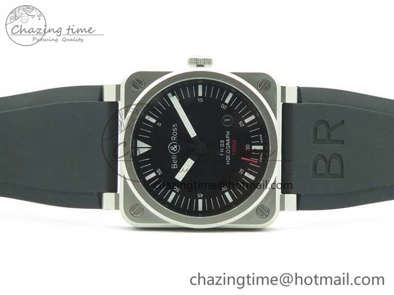 BR 03-92 Horograph Satin Polished Steel Black Dial On Rubber Strap MIYOTA 9015 (Free Nylon Strap) V2