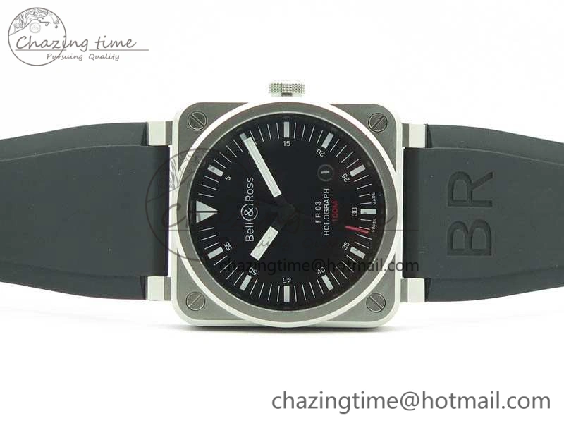 BR 03-92 Horograph Satin Polished Steel Black Dial On Rubber Strap MIYOTA 9015 (Free Nylon Strap) V2