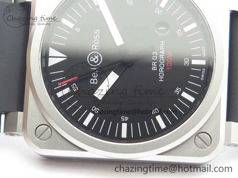 BR 03-92 Horograph Satin Polished Steel Black Dial On Rubber Strap MIYOTA 9015 (Free Nylon Strap) V2