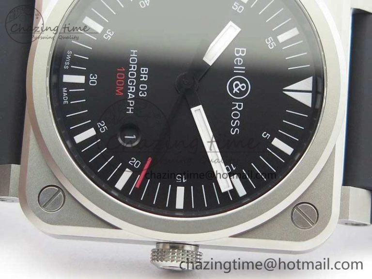 BR 03-92 Horograph Satin Polished Steel Black Dial On Rubber Strap MIYOTA 9015 (Free Nylon Strap) V2