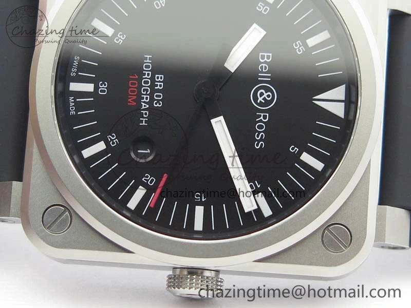 BR 03-92 Horograph Satin Polished Steel Black Dial On Rubber Strap MIYOTA 9015 (Free Nylon Strap) V2