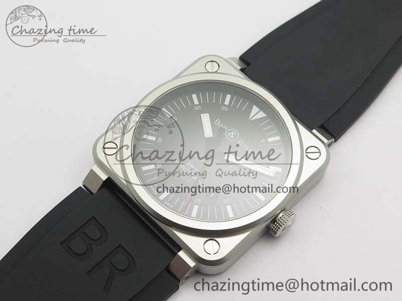 BR 03-92 Horograph Satin Polished Steel Black Dial On Rubber Strap MIYOTA 9015 (Free Nylon Strap) V2