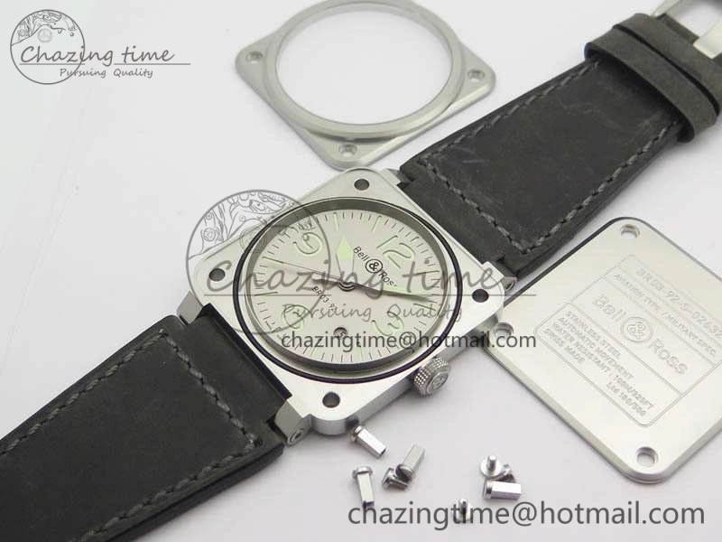 BR 03-92 Horolum Satin Polished Steel Gray Dial On Leather Strap MIYOTA 9015 (Free Nylon Strap) V2