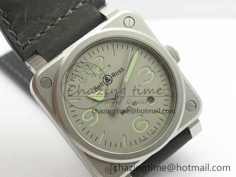 BR 03-92 Horolum Satin Polished Steel Gray Dial On Leather Strap MIYOTA 9015 (Free Nylon Strap) V2
