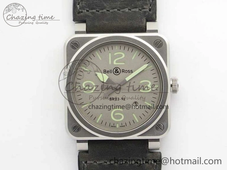 BR 03-92 Horolum Satin Polished Steel Gray Dial On Leather Strap MIYOTA 9015 (Free Nylon Strap) V2