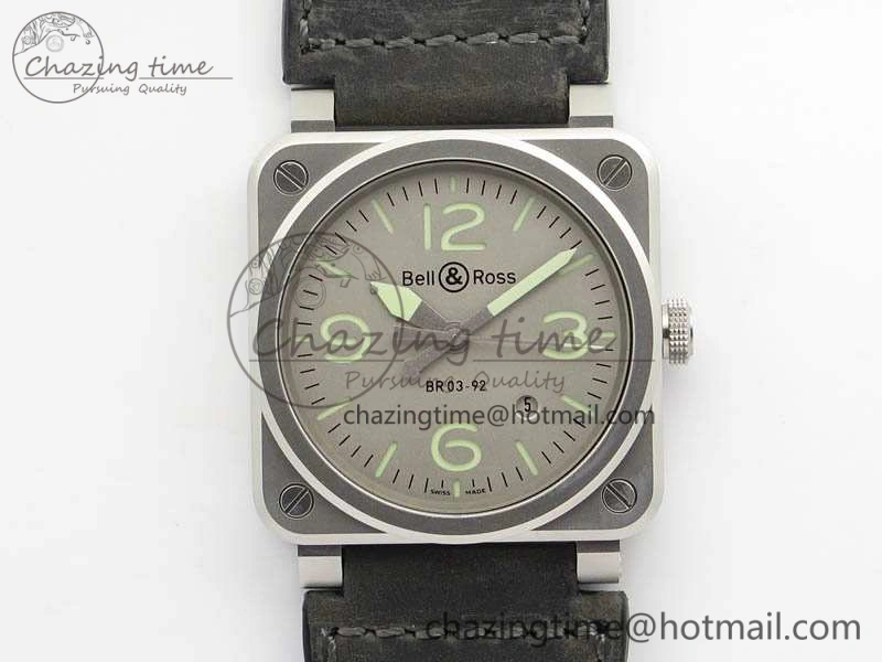 BR 03-92 Horolum Satin Polished Steel Gray Dial On Leather Strap MIYOTA 9015 (Free Nylon Strap) V2