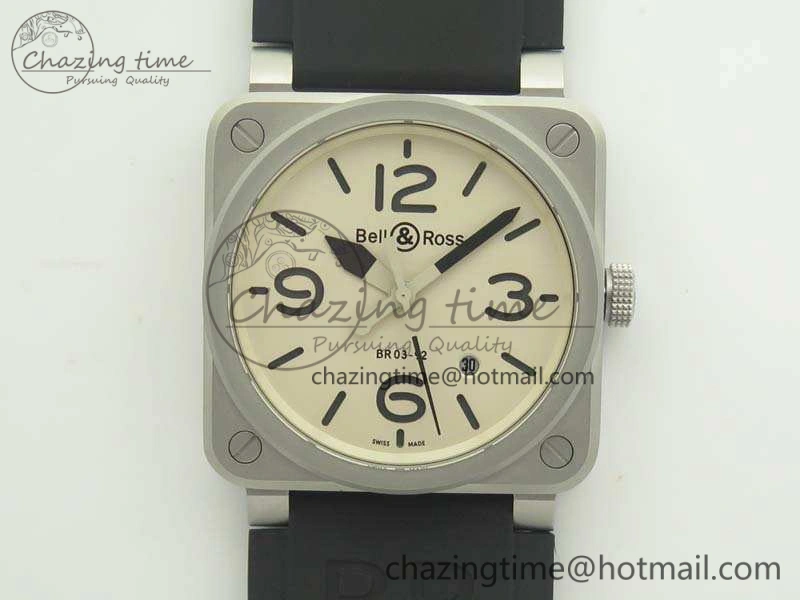BR 03-92 SS 42.5mm Cream Dial On Rubber Strap MIYOTA9015 V3