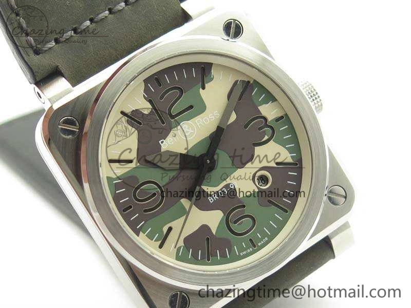 BR 03-92 SS 42.5mm Green Camouflage Dial On Leather Strap MIYOTA9015 V3