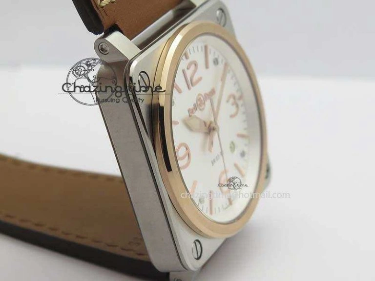BR 03-92 SS 42MM White Dial RG Bezel On Brown Leather Strap MIYOTA 9015