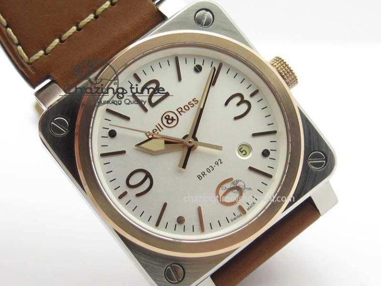BR 03-92 SS 42MM White Dial RG Bezel On Brown Leather Strap MIYOTA 9015