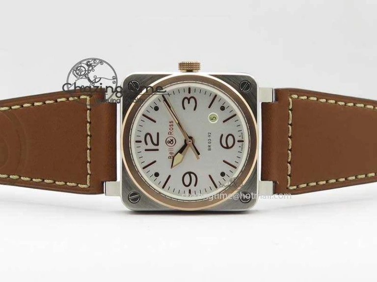BR 03-92 SS 42MM White Dial RG Bezel On Brown Leather Strap MIYOTA 9015