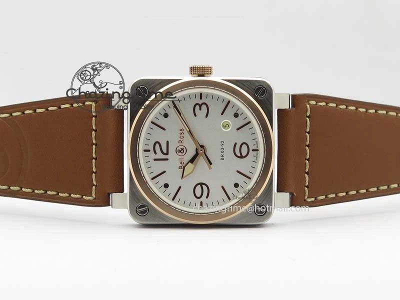 BR 03-92 SS 42MM White Dial RG Bezel On Brown Leather Strap MIYOTA 9015