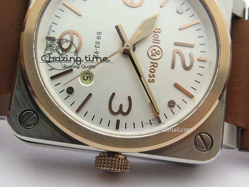 BR 03-92 SS 42MM White Dial RG Bezel On Brown Leather Strap MIYOTA 9015