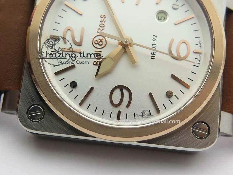BR 03-92 SS 42MM White Dial RG Bezel On Brown Leather Strap MIYOTA 9015