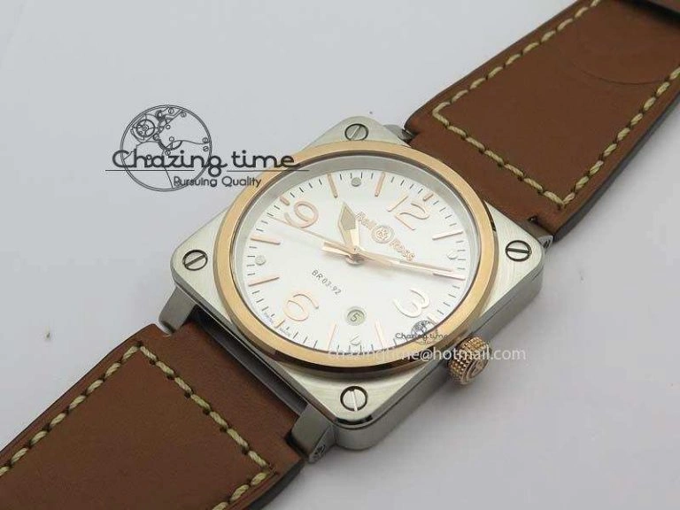 BR 03-92 SS 42MM White Dial RG Bezel On Brown Leather Strap MIYOTA 9015