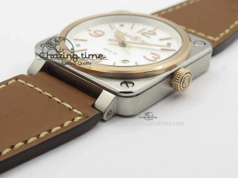 BR 03-92 SS 42MM White Dial RG Bezel On Brown Leather Strap MIYOTA 9015