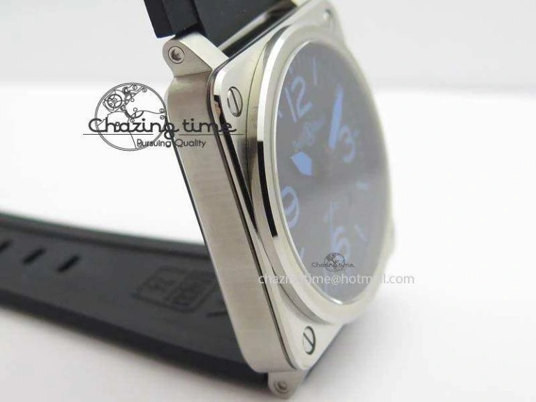 BR 03-92 SS Black Dial Blue Numbers 42MM On Black Rubber Strap MIYOTA 9015