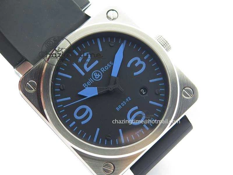BR 03-92 SS Black Dial Blue Numbers 42MM On Black Rubber Strap MIYOTA 9015