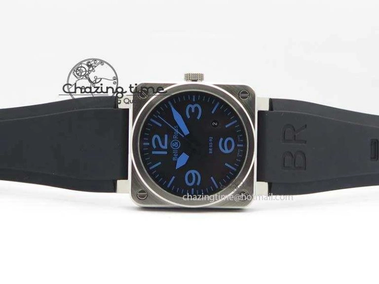 BR 03-92 SS Black Dial Blue Numbers 42MM On Black Rubber Strap MIYOTA 9015