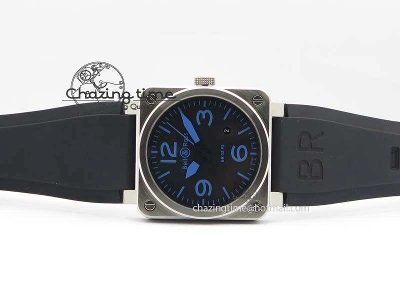 BR 03-92 SS Black Dial Blue Numbers 42MM On Black Rubber Strap MIYOTA 9015