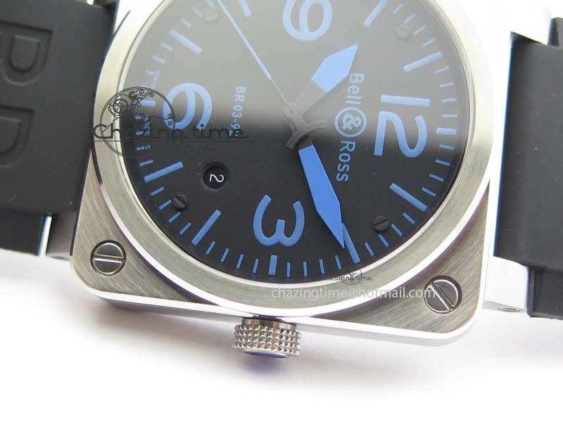 BR 03-92 SS Black Dial Blue Numbers 42MM On Black Rubber Strap MIYOTA 9015
