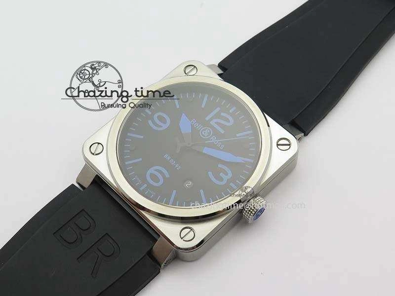 BR 03-92 SS Black Dial Blue Numbers 42MM On Black Rubber Strap MIYOTA 9015
