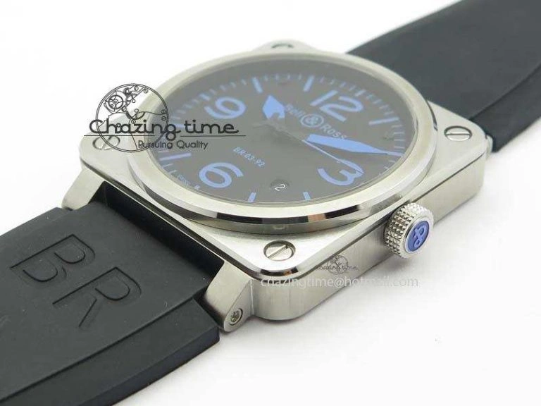 BR 03-92 SS Black Dial Blue Numbers 42MM On Black Rubber Strap MIYOTA 9015