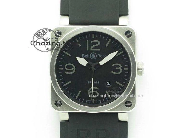 BR 03-92 SS Black Dial Grey Numbers 42.5mm On Black Rubber Strap MIYOTA 9015