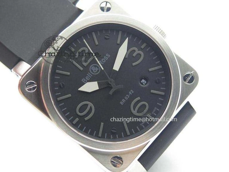 BR 03-92 SS Black Dial Grey Numbers 42.5mm On Black Rubber Strap MIYOTA 9015