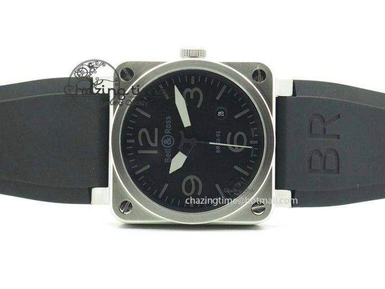 BR 03-92 SS Black Dial Grey Numbers 42.5mm On Black Rubber Strap MIYOTA 9015