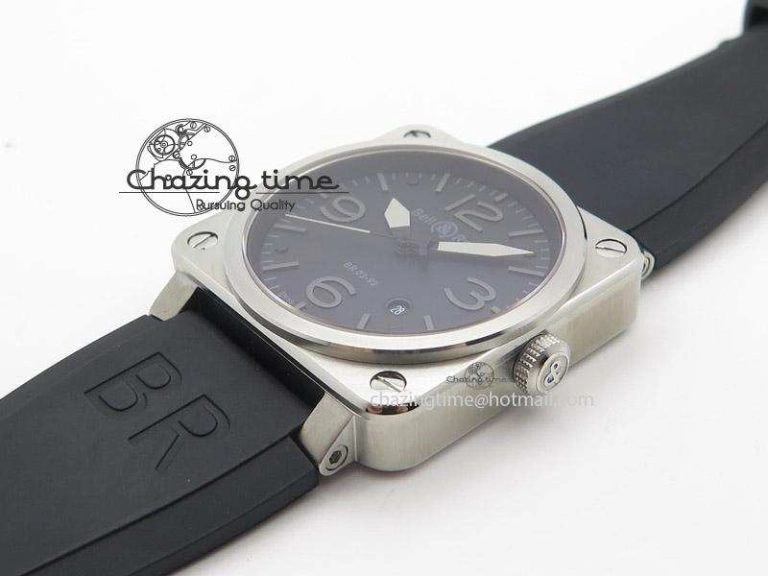BR 03-92 SS Black Dial Grey Numbers 42.5mm On Black Rubber Strap MIYOTA 9015