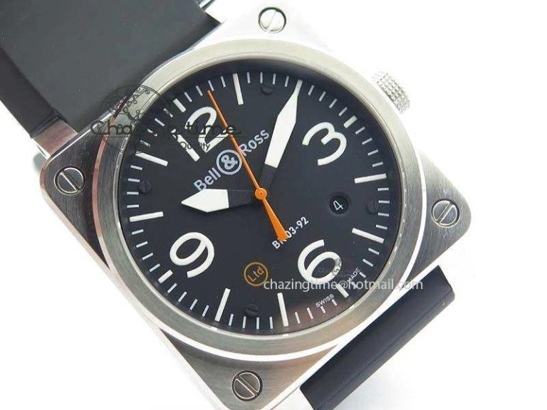 BR 03-92 SS Black Dial (Orange Sec Hand) 42MM On Black Rubber Strap MIYOTA 9015