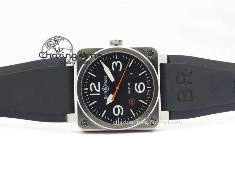 BR 03-92 SS Black Dial (Orange Sec Hand) 42MM On Black Rubber Strap MIYOTA 9015