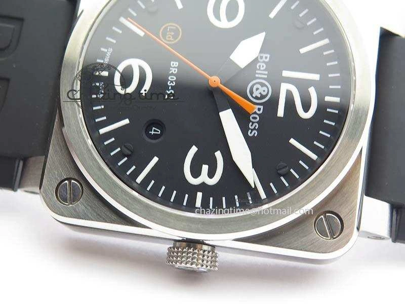 BR 03-92 SS Black Dial (Orange Sec Hand) 42MM On Black Rubber Strap MIYOTA 9015