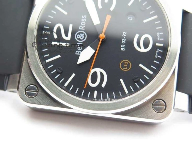 BR 03-92 SS Black Dial (Orange Sec Hand) 42MM On Black Rubber Strap MIYOTA 9015