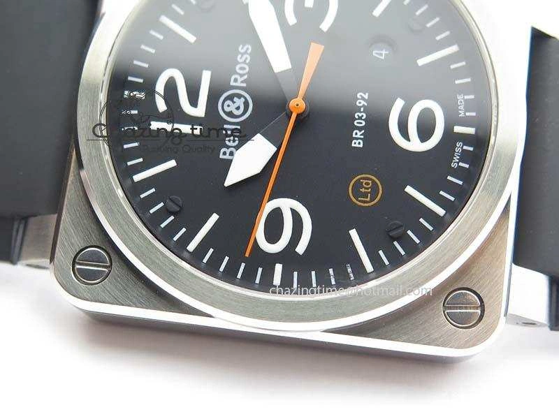 BR 03-92 SS Black Dial (Orange Sec Hand) 42MM On Black Rubber Strap MIYOTA 9015