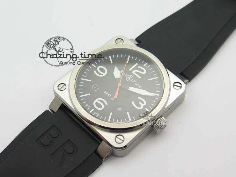 BR 03-92 SS Black Dial (Orange Sec Hand) 42MM On Black Rubber Strap MIYOTA 9015
