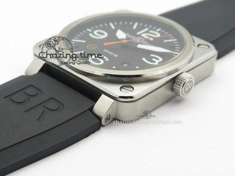 BR 03-92 SS Black Dial (Orange Sec Hand) 42MM On Black Rubber Strap MIYOTA 9015