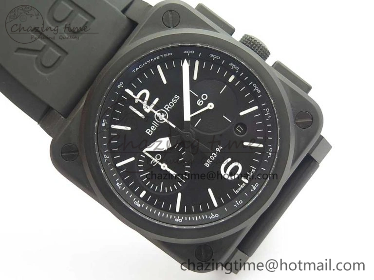 BR 03-94 Chrono PVD Black Dial White Markers on Black Rubber Strap A7750 (Free Nylon Strap)