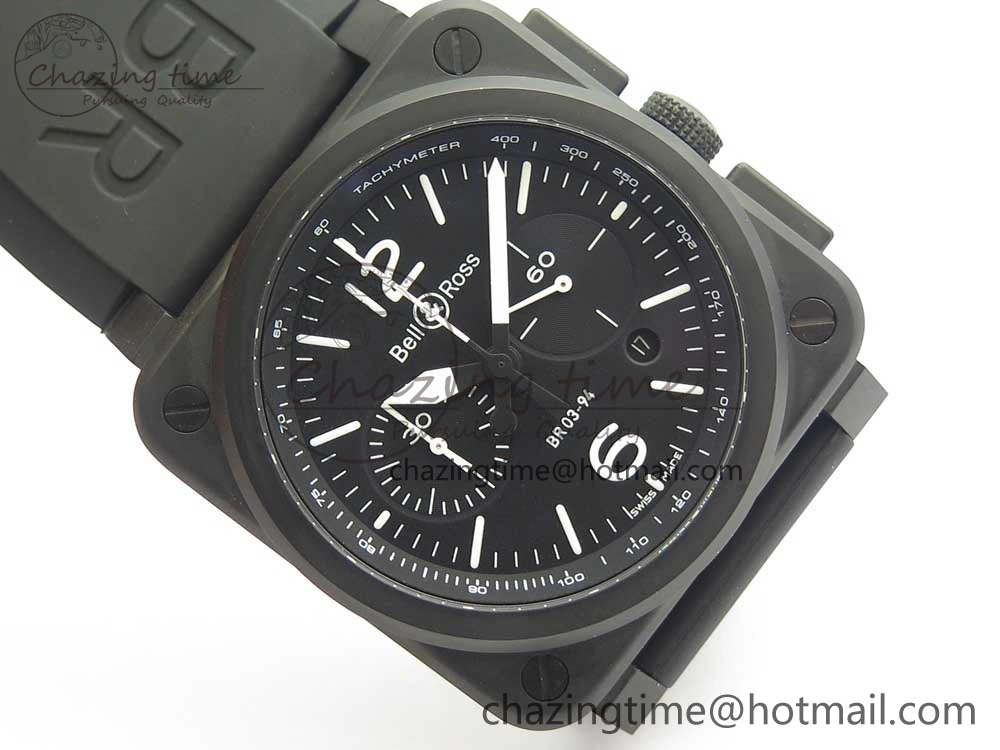 BR 03-94 Chrono PVD Black Dial White Markers on Black Rubber Strap A7750 (Free Nylon Strap)