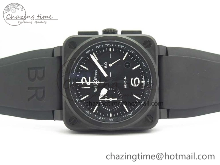 BR 03-94 Chrono PVD Black Dial White Markers on Black Rubber Strap A7750 (Free Nylon Strap)
