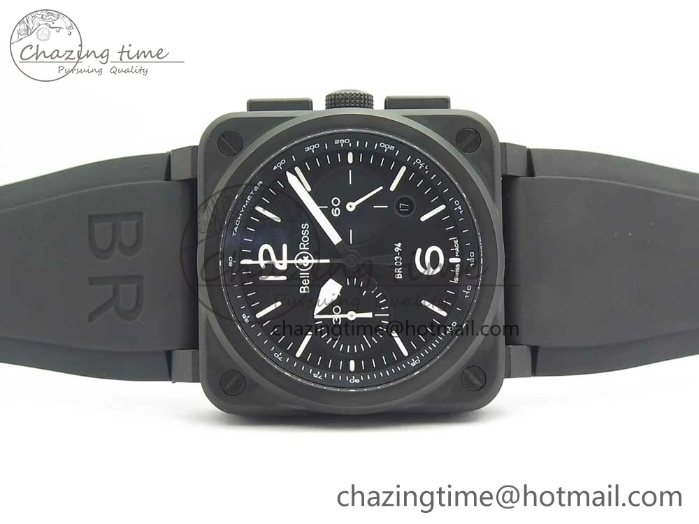 BR 03-94 Chrono PVD Black Dial White Markers on Black Rubber Strap A7750 (Free Nylon Strap)
