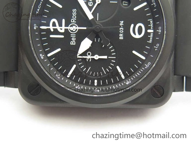 BR 03-94 Chrono PVD Black Dial White Markers on Black Rubber Strap A7750 (Free Nylon Strap)