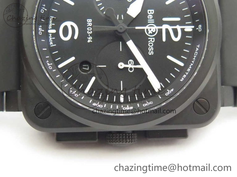 BR 03-94 Chrono PVD Black Dial White Markers on Black Rubber Strap A7750 (Free Nylon Strap)