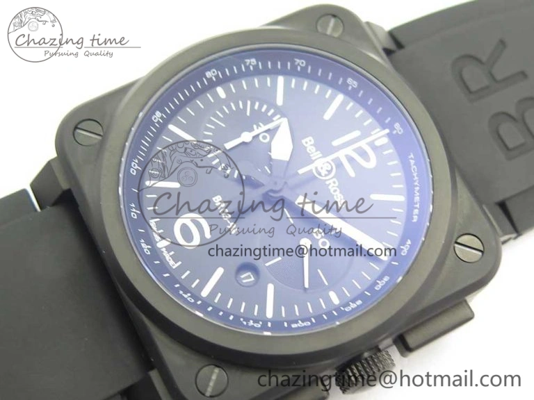 BR 03-94 Chrono PVD Black Dial White Markers on Black Rubber Strap A7750 (Free Nylon Strap)