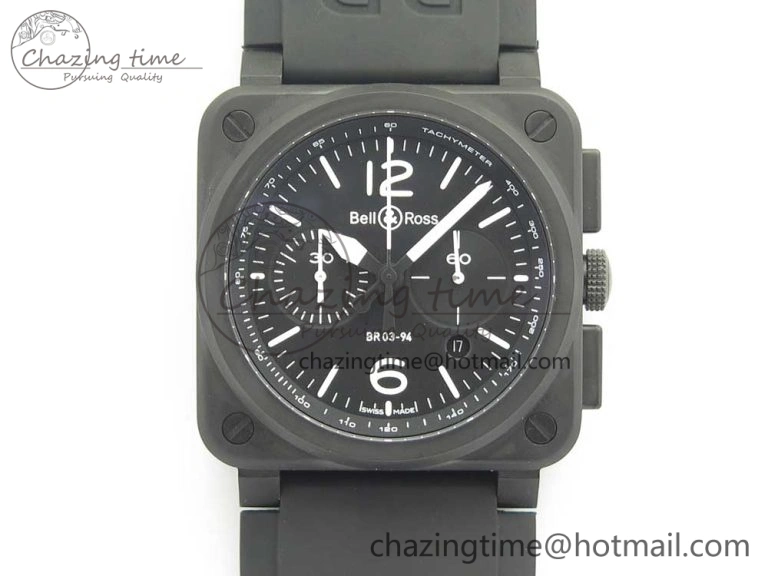BR 03-94 Chrono PVD Black Dial White Markers on Black Rubber Strap A7750 (Free Nylon Strap)